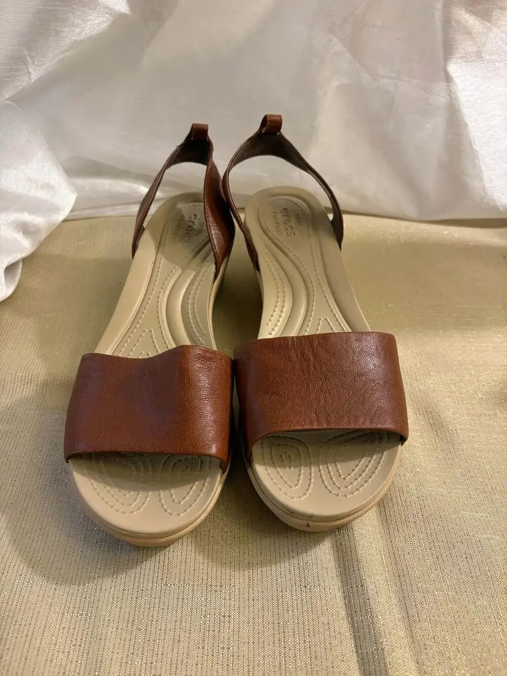 Crocs Brown Leather Slingback Wedge Sandals